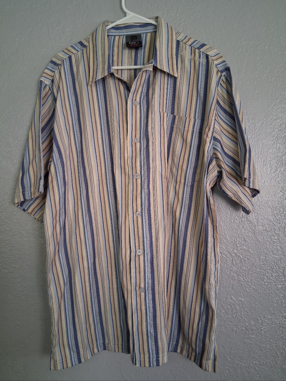 Maleaveli Striped Button Down Cabana Short Sleeve Top Blue Made In Italy Tan L